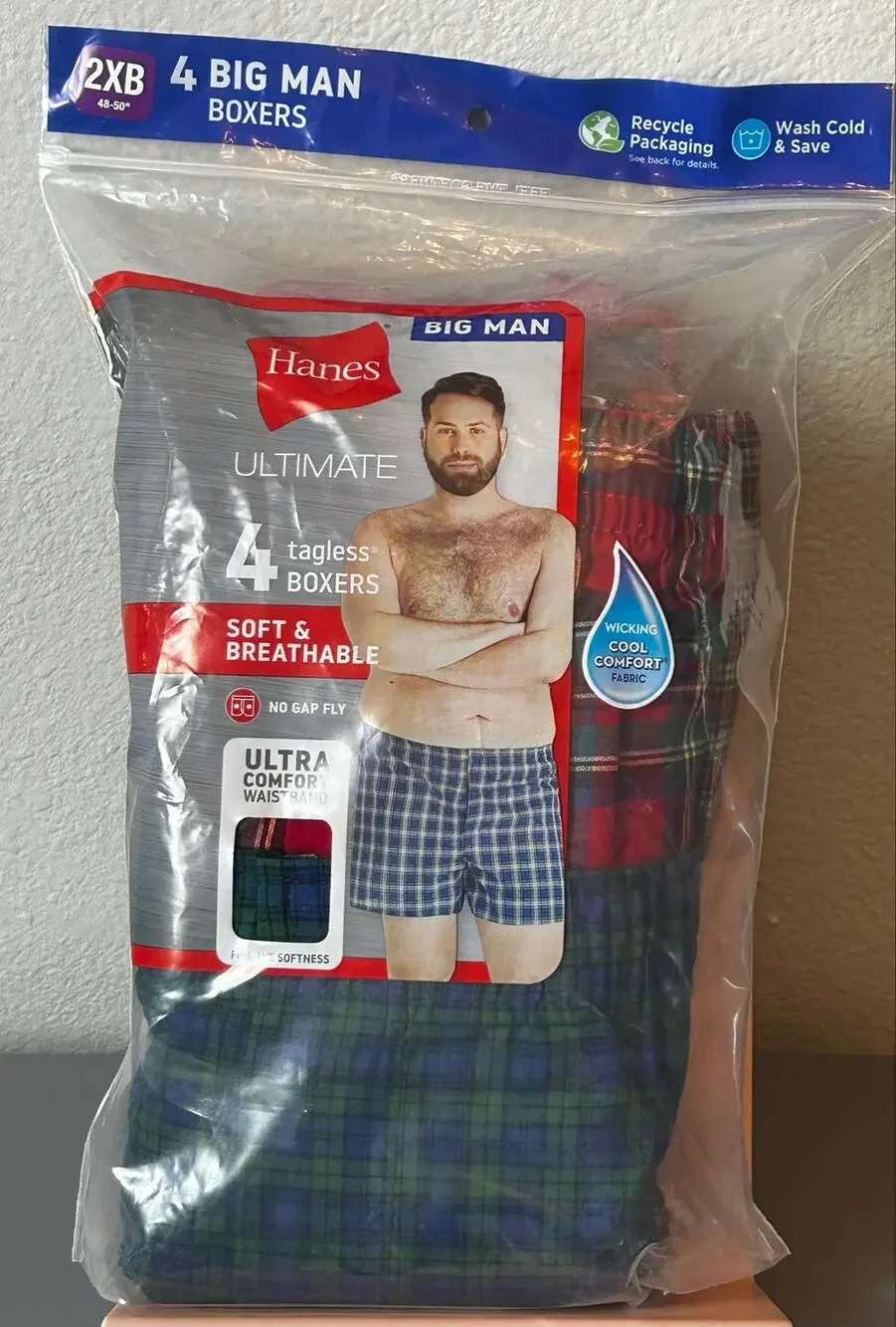 Hanes Ultimate Big Man Woven Boxers 4-Pack 2XB NIP Plaid Cotton Tagless